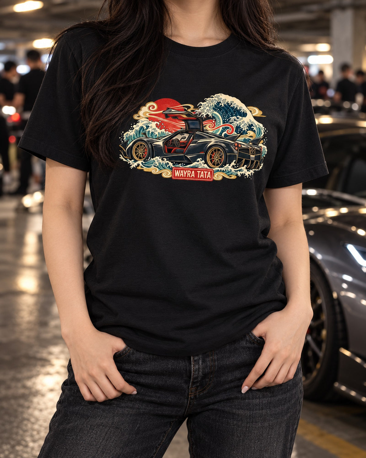 Pagani Huayra Ukiyo-e Woodblock Style Car Shirt T-Shirt Black worn hero