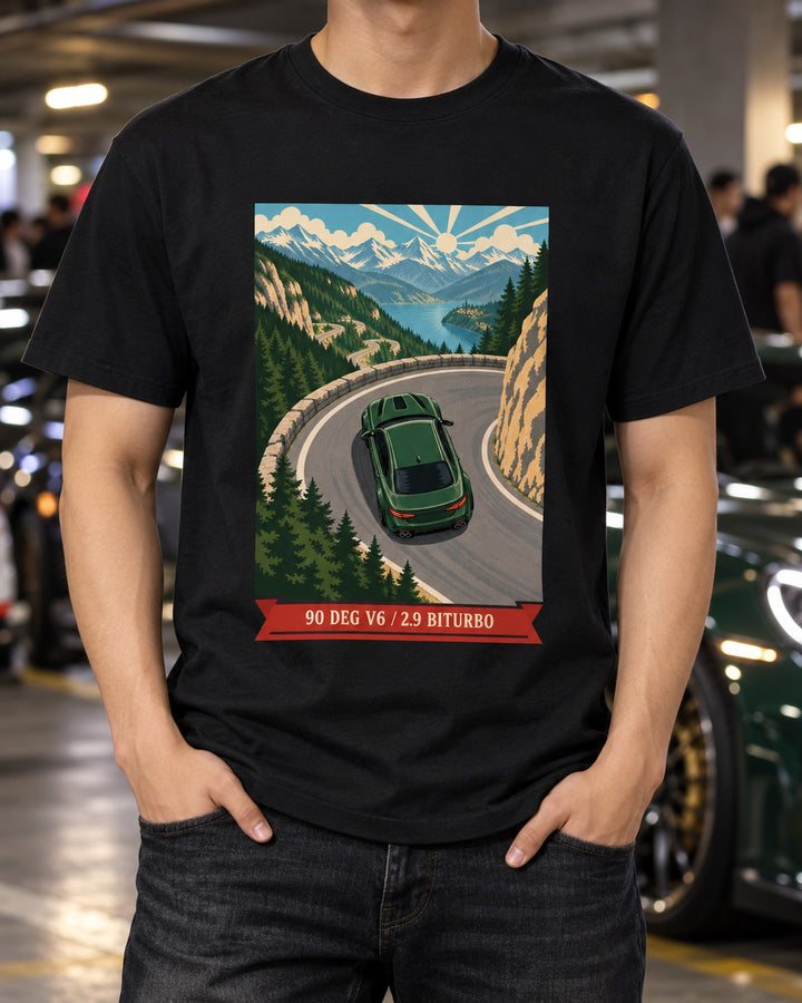 Giulia Quadrifoglio 952 Retro Italian Travel Poster Shirt T-Shirt Black worn hero