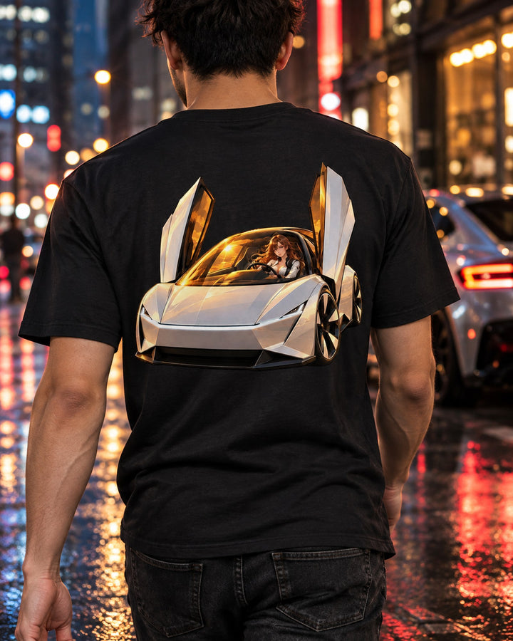 Tesla Roadster Golden Hour Anime Girl Shirt, Hoodie & More T-Shirt Black worn hero