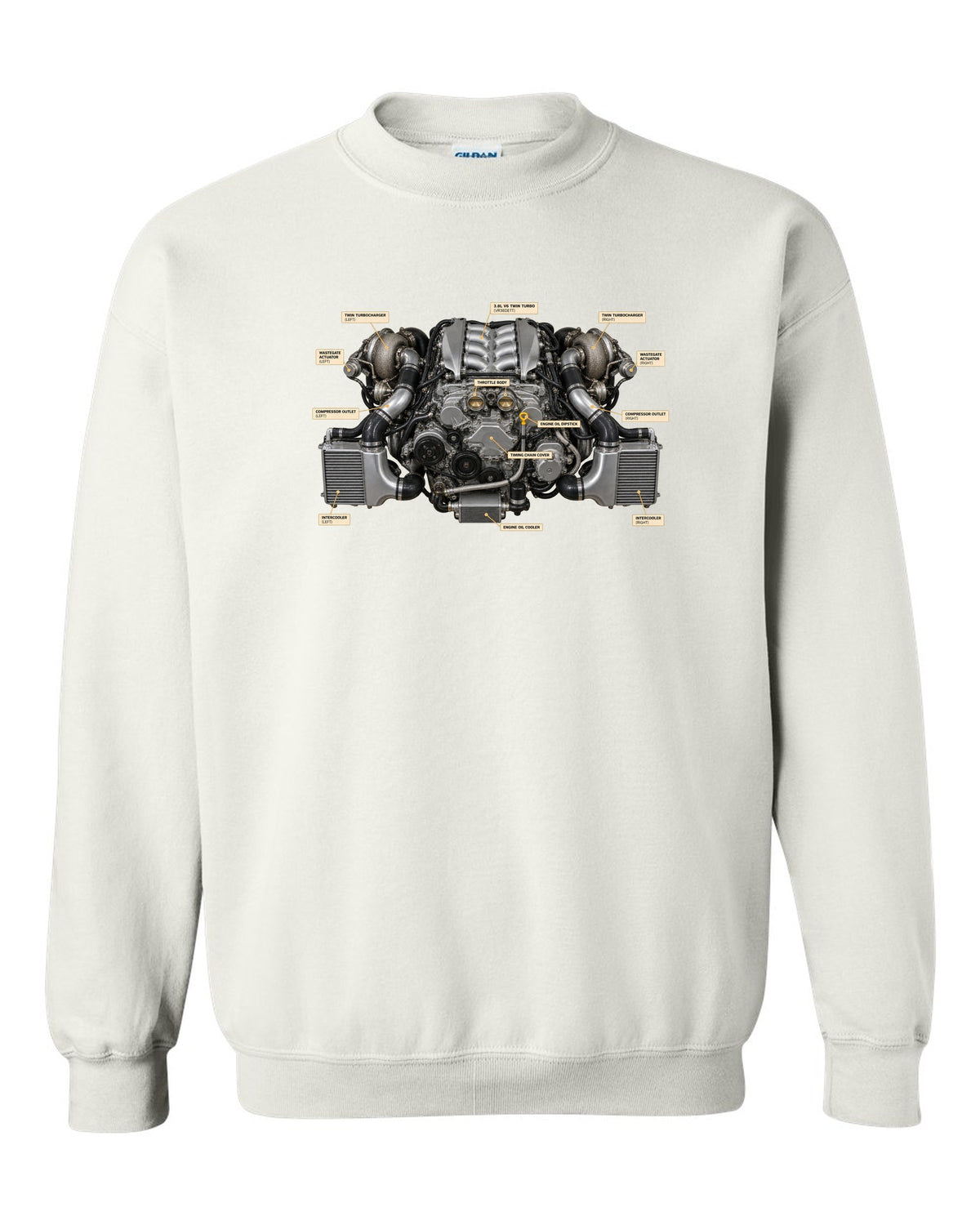 Nissan GT-R R35 2009 Premium dimension blueprint with engine text white crewneck front view with the design