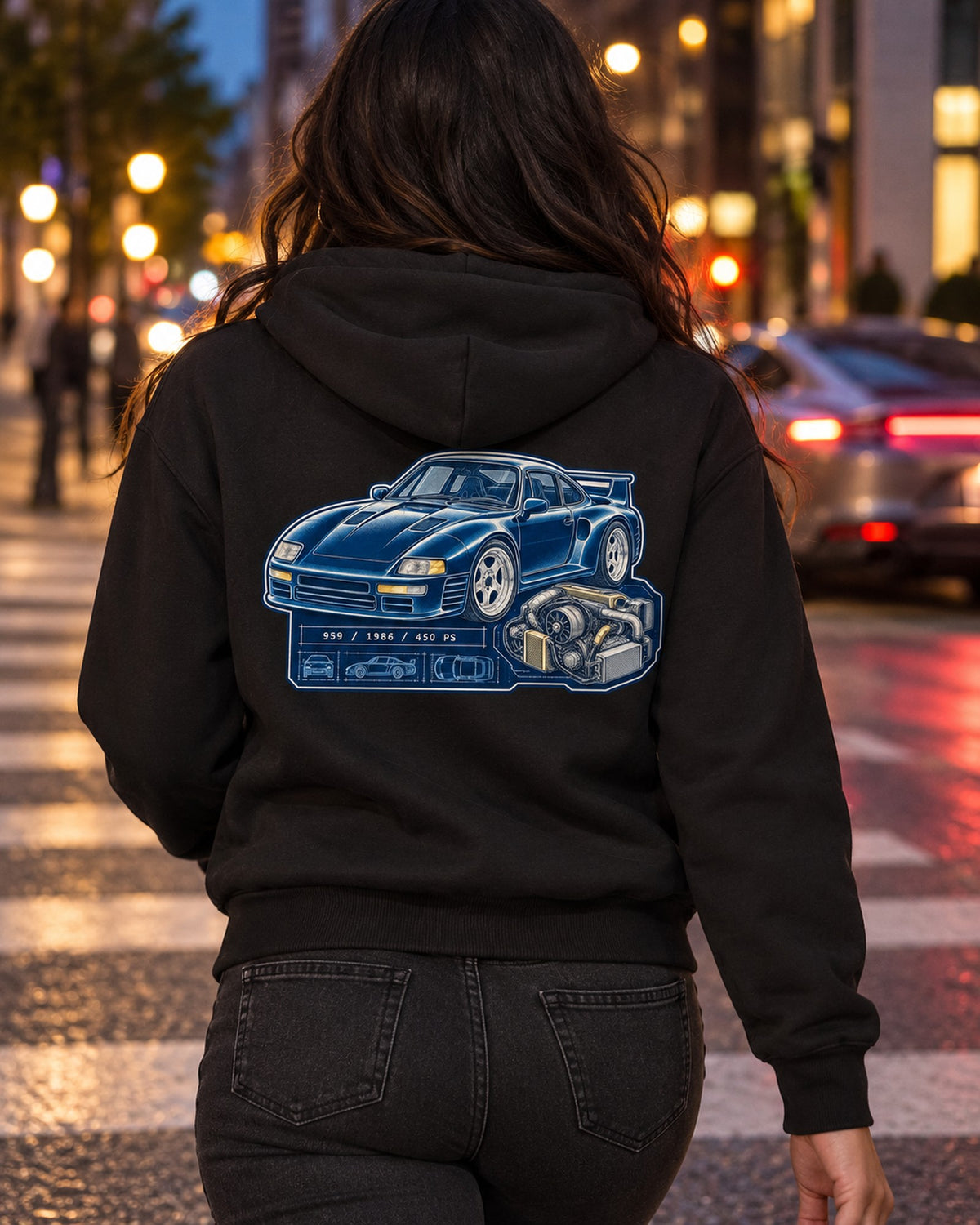 Porsche 959 Cyanotype Blueprint Shirt, 1986 450 PS Supercar Zip Hoodie Black worn hero