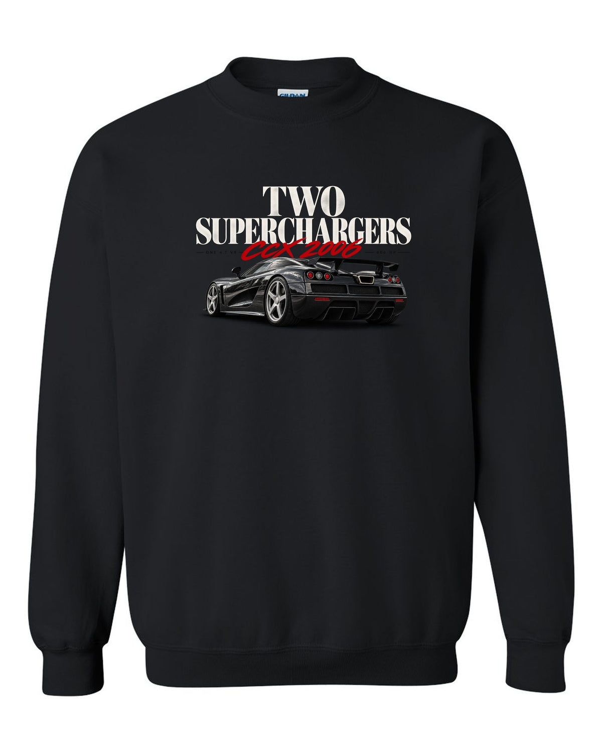 Koenigsegg CCX 2006 editorial headline with two superchargers black crewneck front view with the design