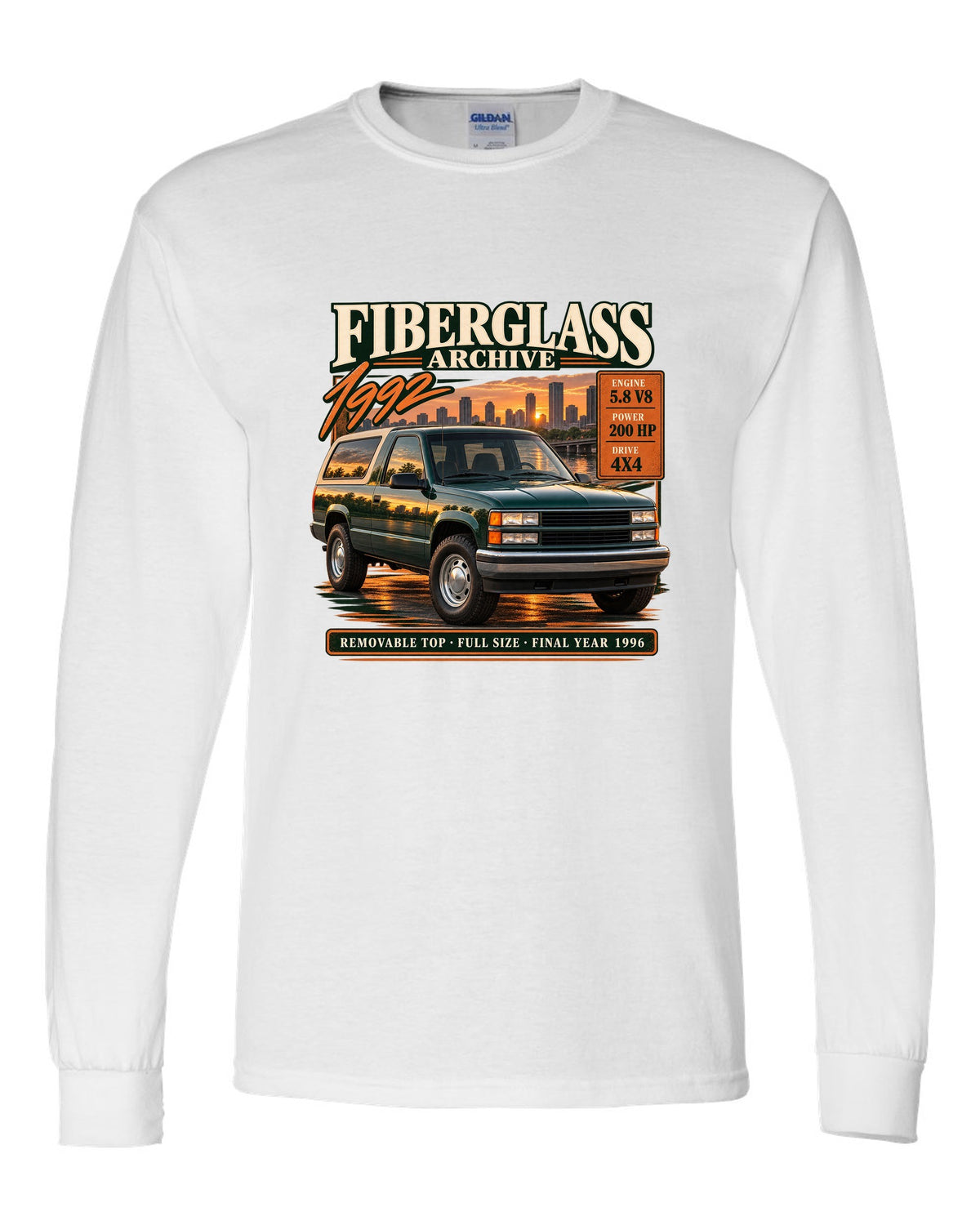 Ford Bronco OBS 1992-96 fiberglass archive panel print with 5.8 V8 and final year 1996 white long sleeve front view with the design
