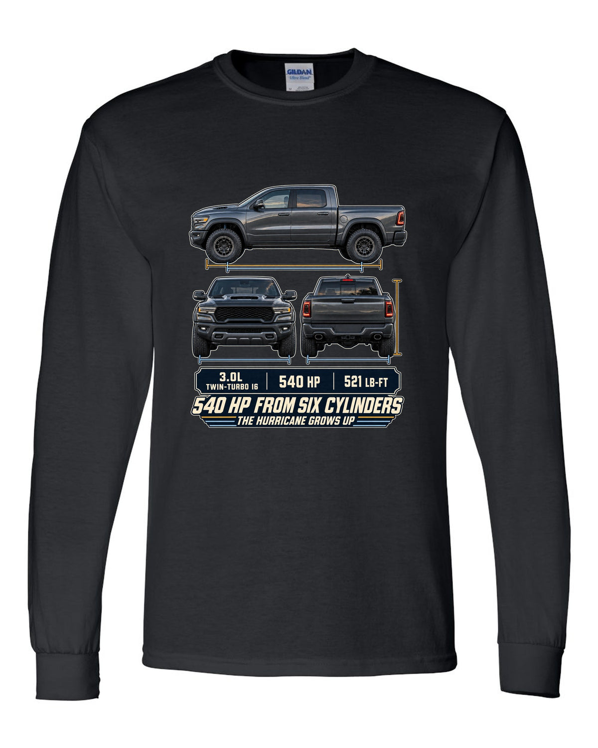 Ram 1500 RHO 2025 three-view drawing with spec table print black long sleeve front view with the design