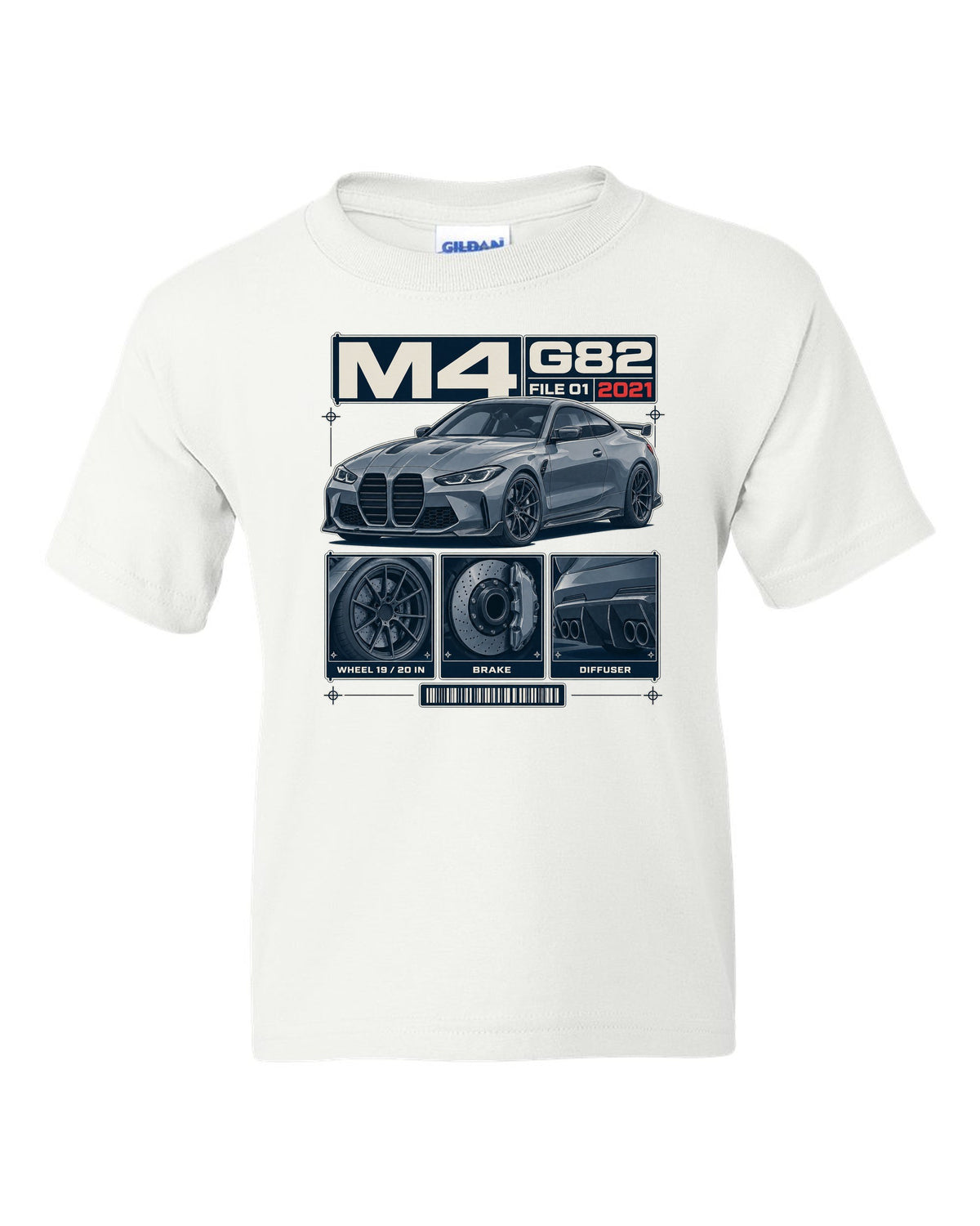 BMW M3 G80 dossier panels print with wheel, brake and diffuser details white kids tee front view with the design