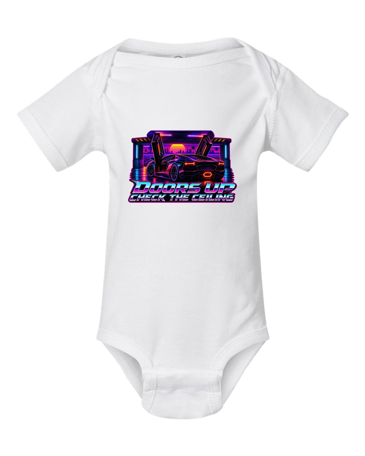 Synthwave outrun design of a Lamborghini Aventador LP700-4 with doors up and check the ceiling text white baby onesie front view with the design