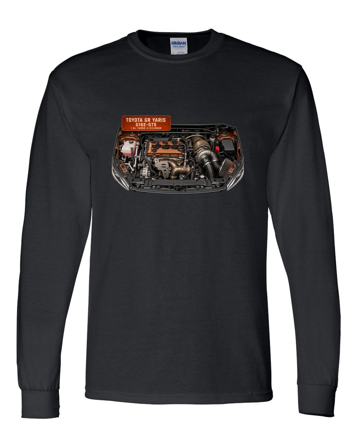 Toyota GR Yaris G16E-GTS three-cylinder turbo engine bay illustration black long sleeve front view with the design