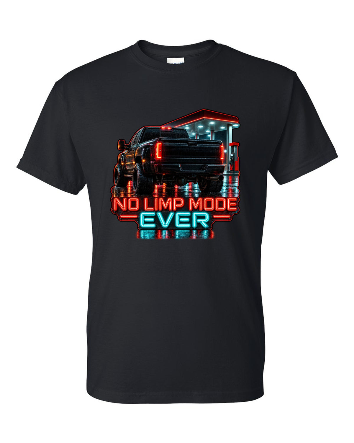 Photoreal night garage taillight print of a 1994-1998 Dodge Ram 2500 12V Cummins with No Limp Mode Ever text black t-shirt front view with the design