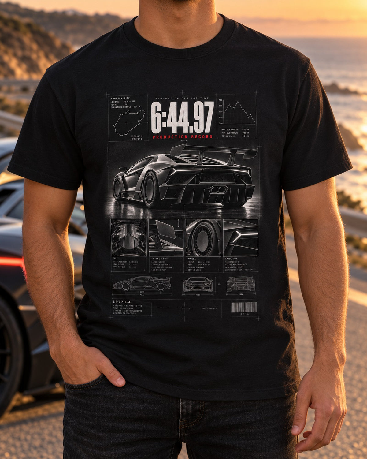 Aventador SVJ LP770-4 Production Record Dossier Shirt, 6:44.97 T-Shirt Black worn hero