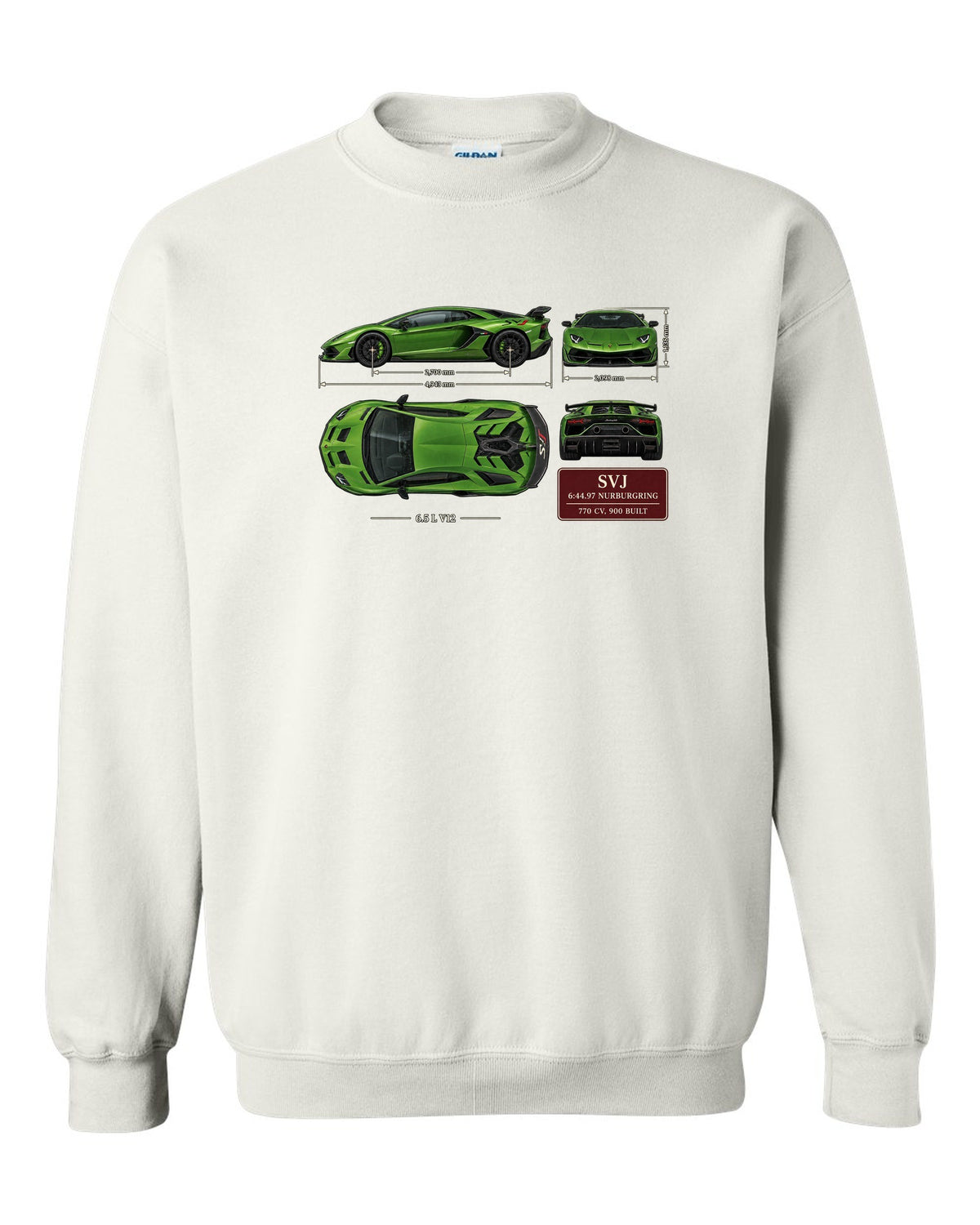 Dimension blueprint print of the Lamborghini Aventador SVJ with Nurburgring lap time white crewneck front view with the design