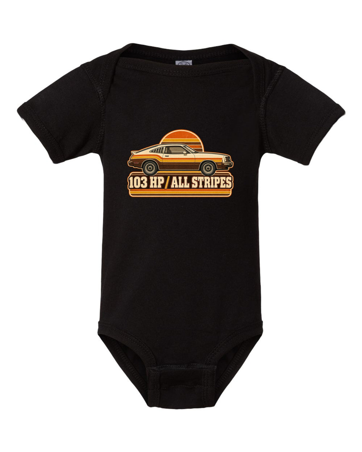 Vintage 70s race poster print of a 1976 Ford Mustang II fastback with stripes black baby onesie front view with the design