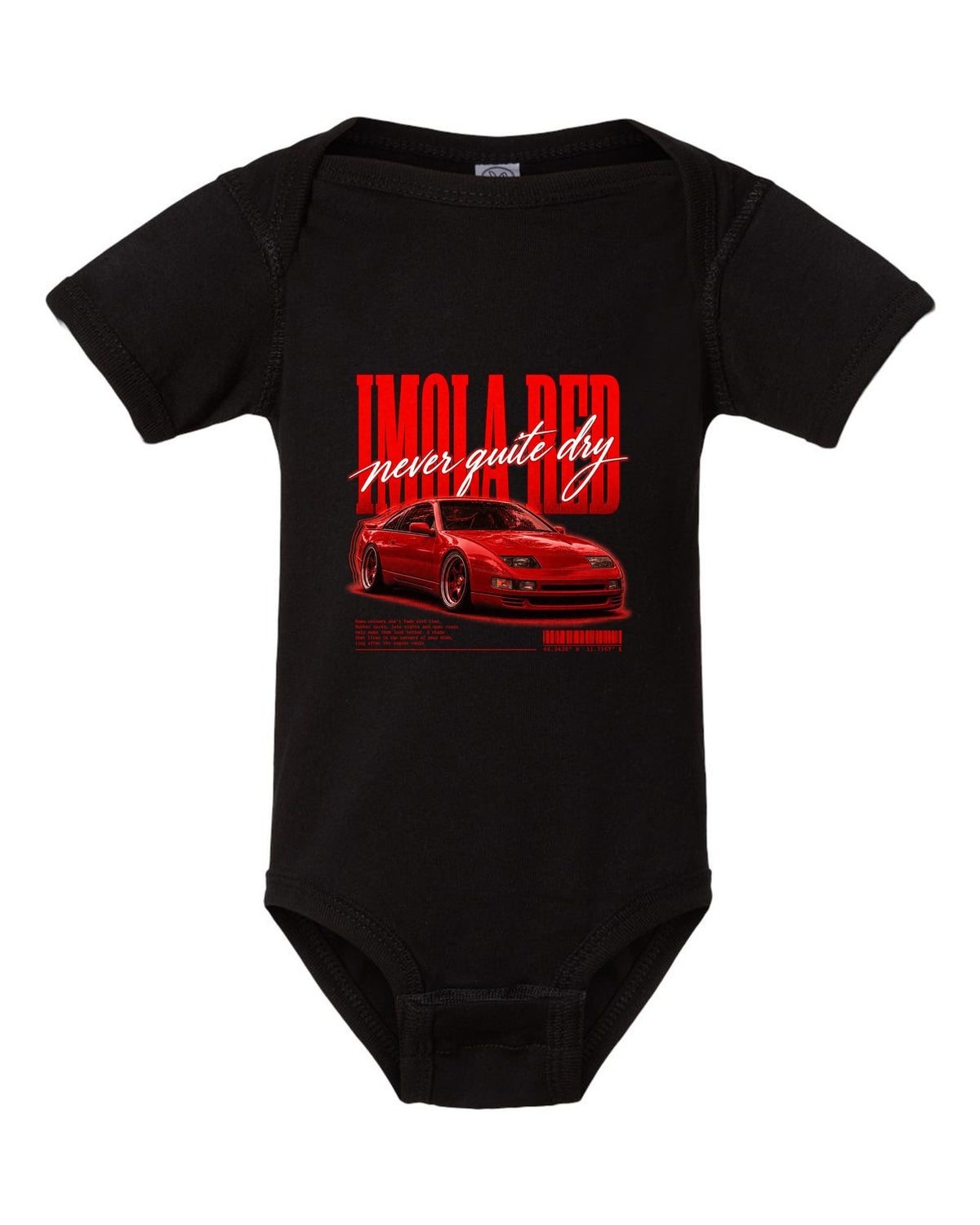 BMW E36 M3 coupe Imola Red street poster print with never quite dry text black baby onesie front view with the design