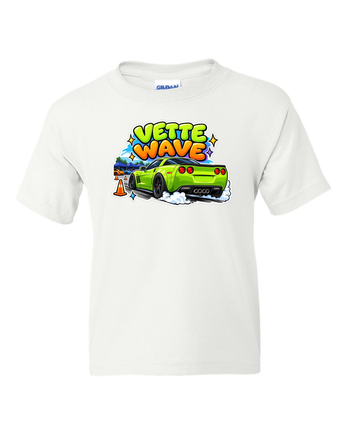 Cartoon sticker sheet print of a 2008 Chevrolet Corvette C6 Z06 with Vette Wave lettering white kids tee front view with the design
