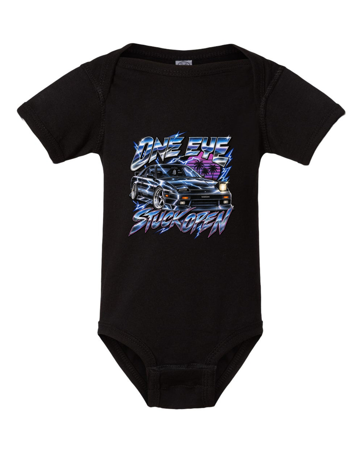 80s airbrush chrome print of a Nissan 180SX S13 ch with one eye stuck open text black baby onesie front view with the design