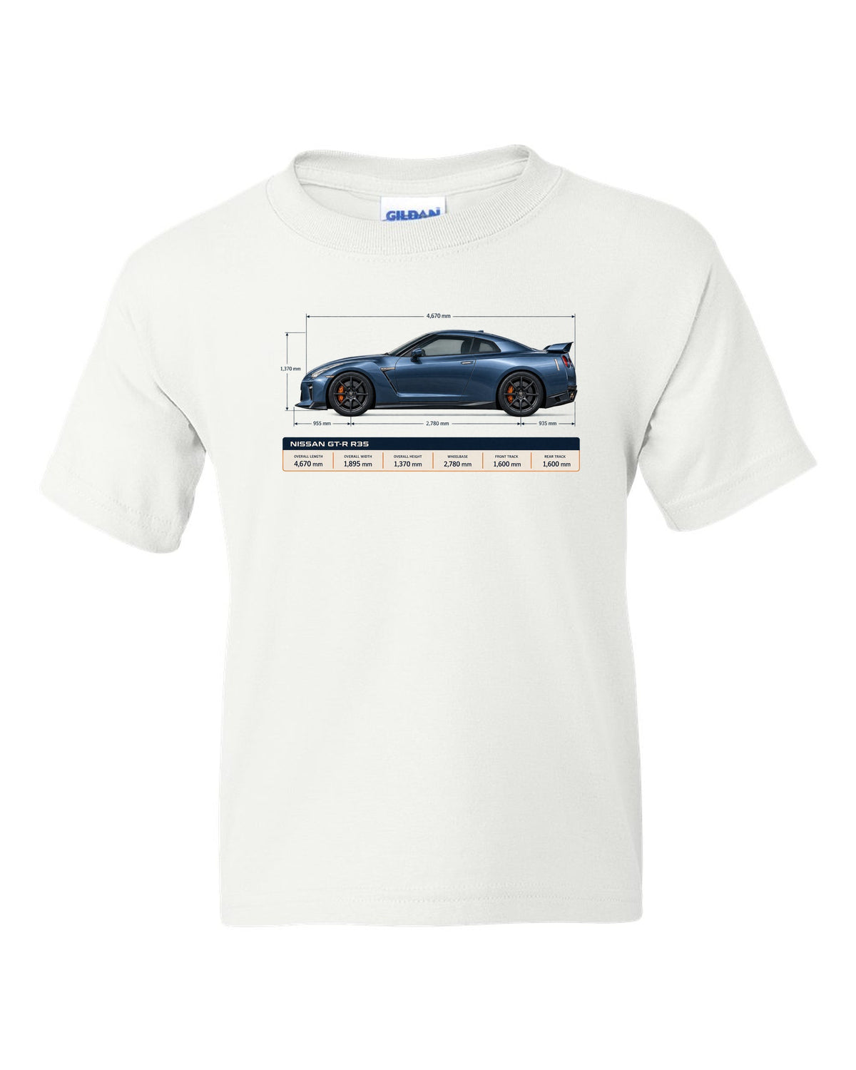 Nissan GT-R R35 Premium in gunmetal grey with an editorial headline layout white kids tee front view with the design
