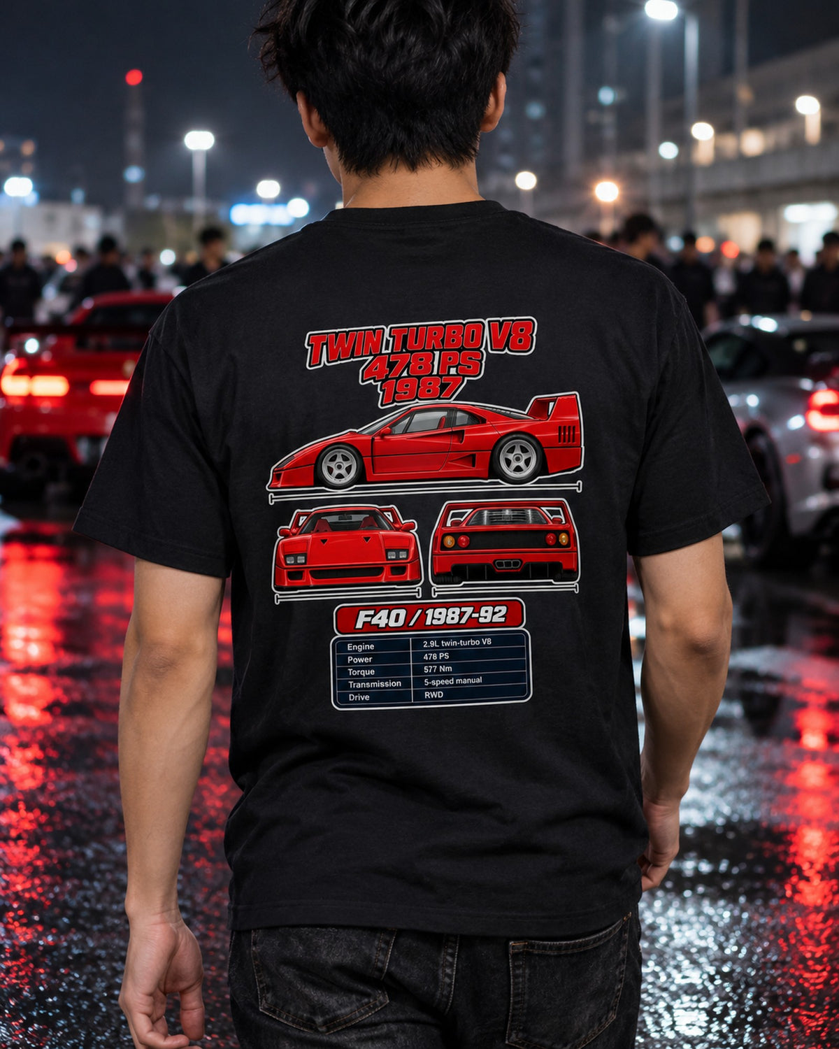 Ferrari F40 Spec Sheet Full-Back Graphic Tee T-Shirt Black worn hero