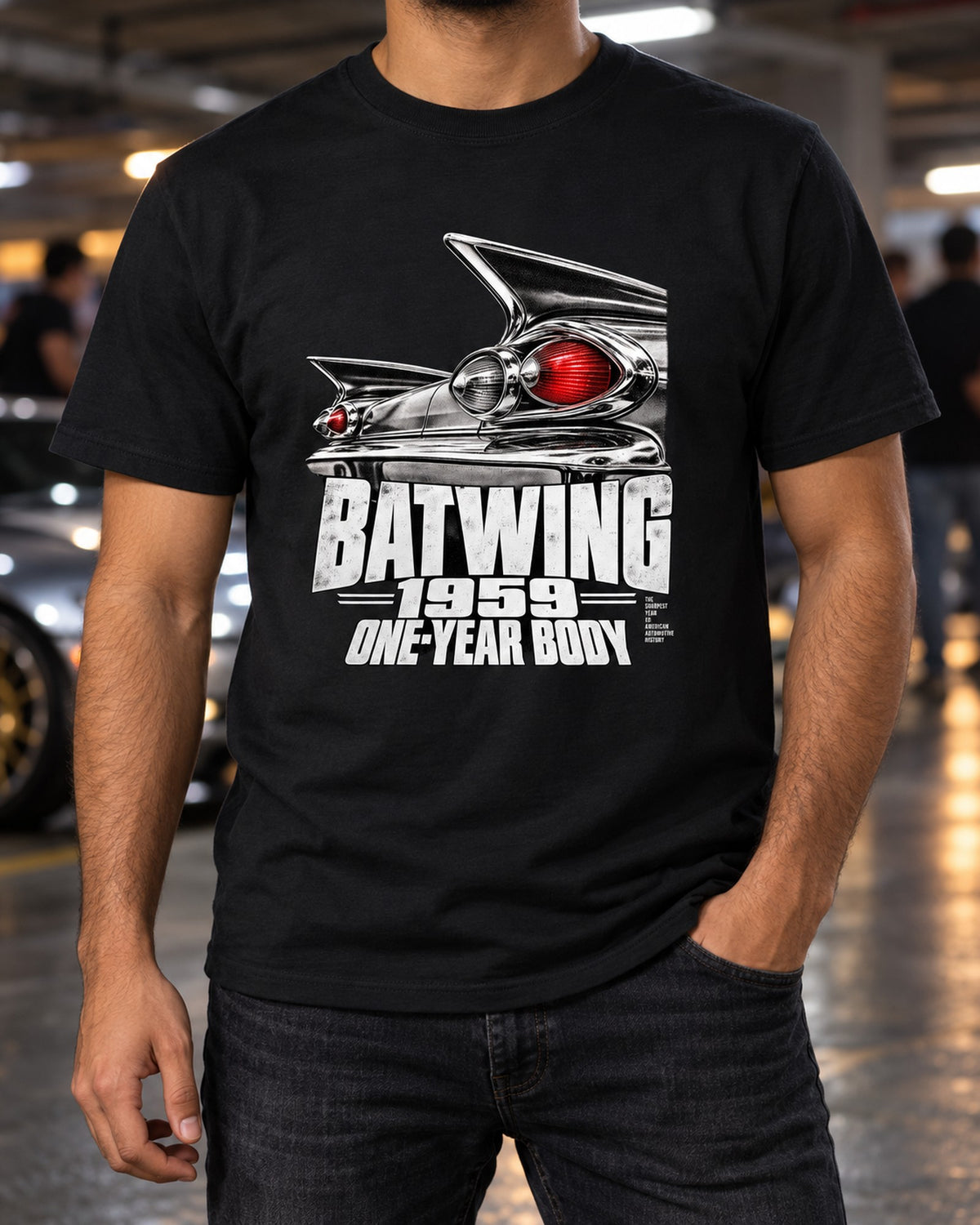 1959 Chevy Impala Batwing Taillight Detail Graphic Shirt T-Shirt Black worn hero