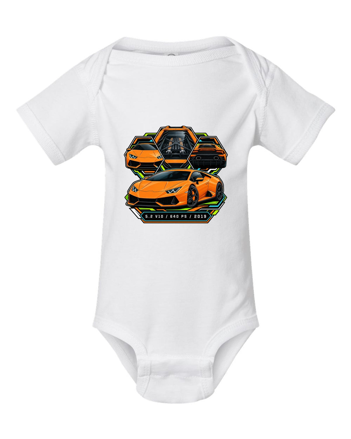Spec-sheet data plate with a Lamborghini Huracan Evo LP640-4 and text 5.2 V10 / 640 PS / 2019 white baby onesie front view with the design