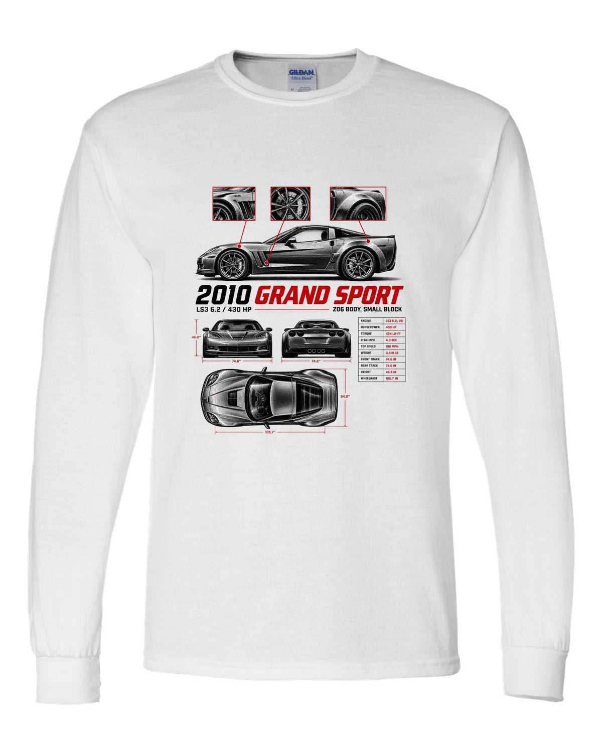 Corvette C6 Grand Sport 2010 with wide haunches, spec poster white long sleeve front view with the design