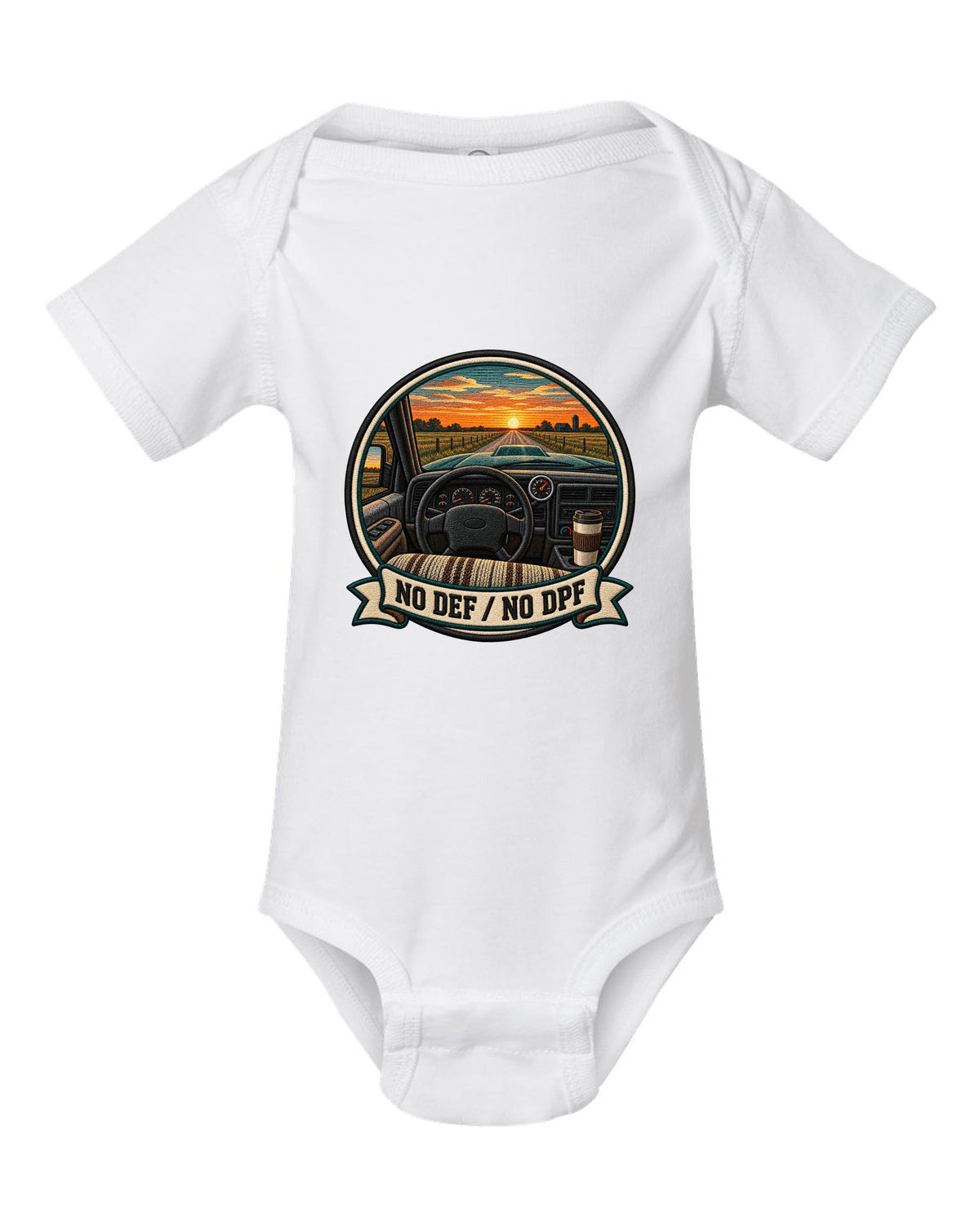 Varsity crest design of a 1998.5-2002 Dodge Ram 2nd gen 24V cab interior with the words No DEF No DPF white baby onesie front view with the design