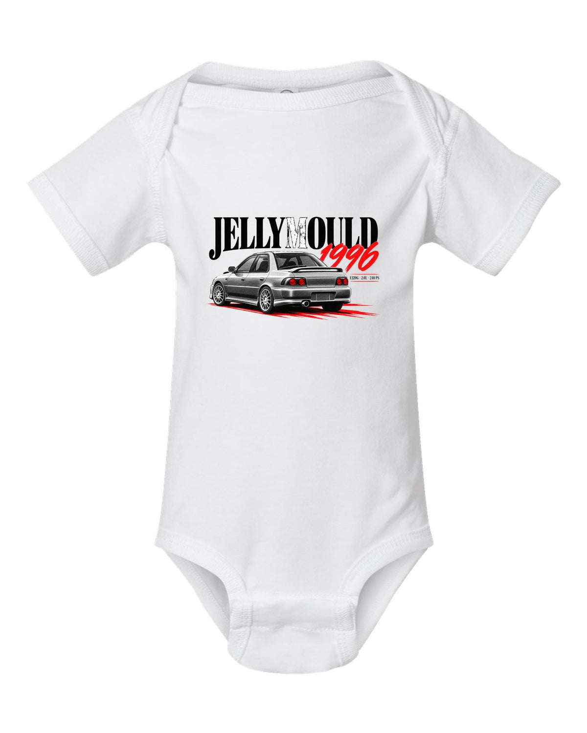Subaru Impreza WRX GC8 saloon 1996 with Jellymould headline and EJ20G 240 PS text white baby onesie front view with the design