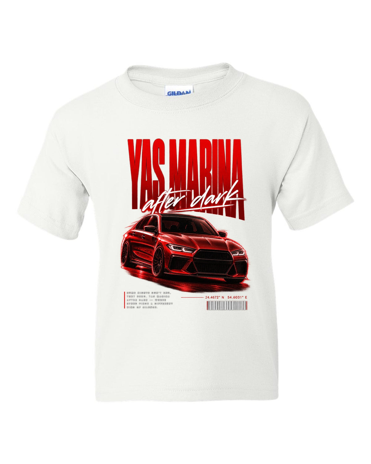 BMW F80 M3 sedan night street poster print with Yas Marina lettering white kids tee front view with the design