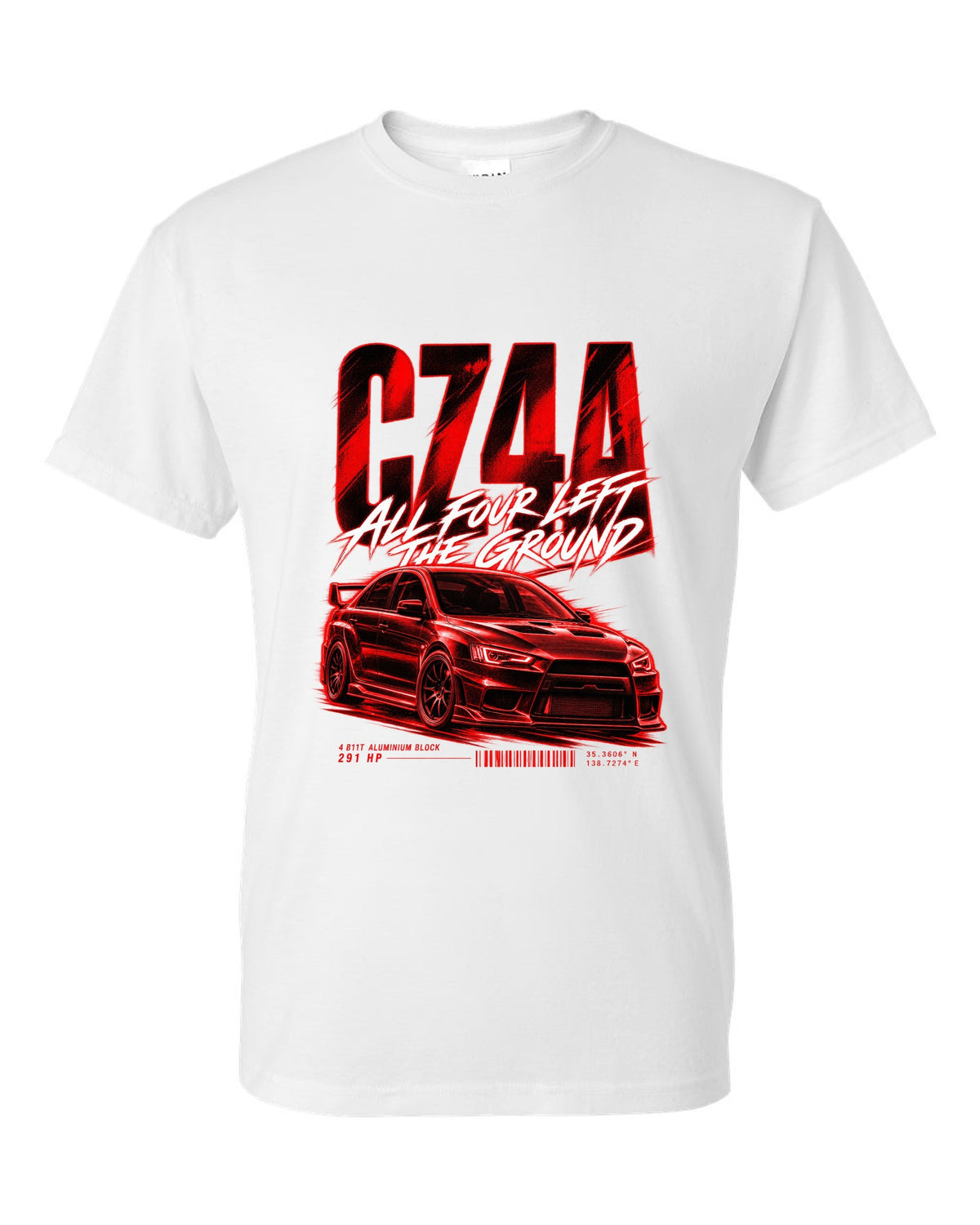 Mitsubishi Lancer Evolution X CZ4A street poster print with 4B11T and 291 HP text white t-shirt front view with the design