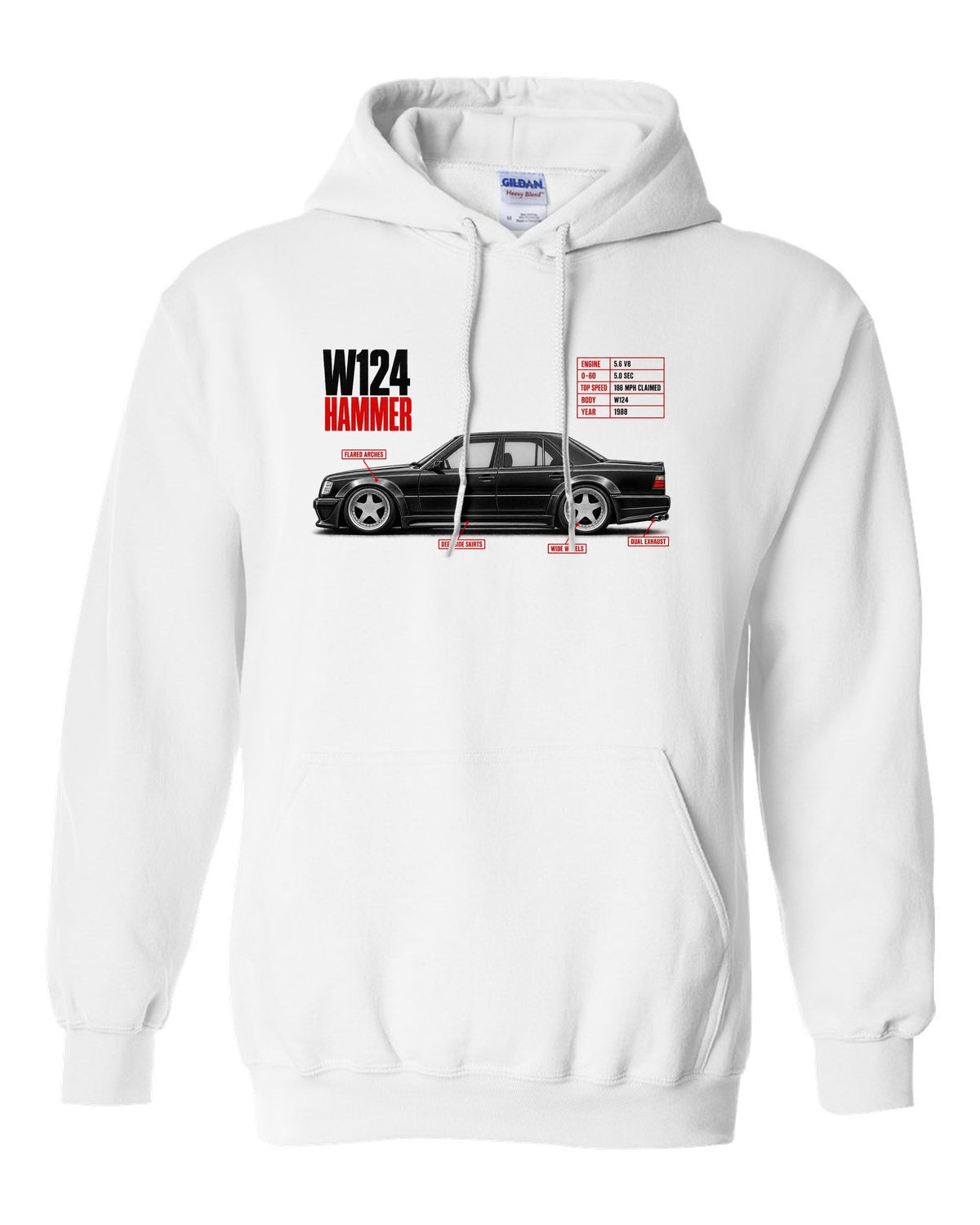 print spec poster of a Mercedes W124 Hammer with text 0-60 5.0 sec, 5.6 V8, 1988 white pull over hoodie front view with the design