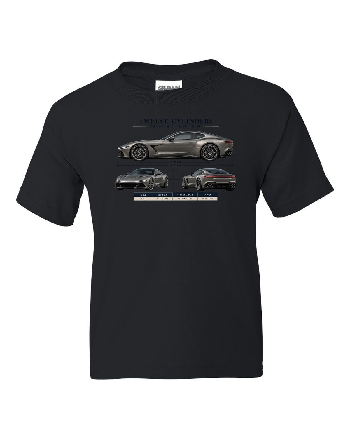 Three-view spec sheet print of the Ferrari 12Cilindri on a tee black kids tee front view with the design