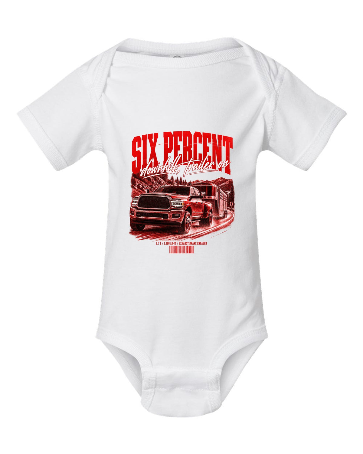 Street poster of a 2019-2024 Ram 3500 towing a trailer with the text Six percent, downhill, trailer on white baby onesie front view with the design