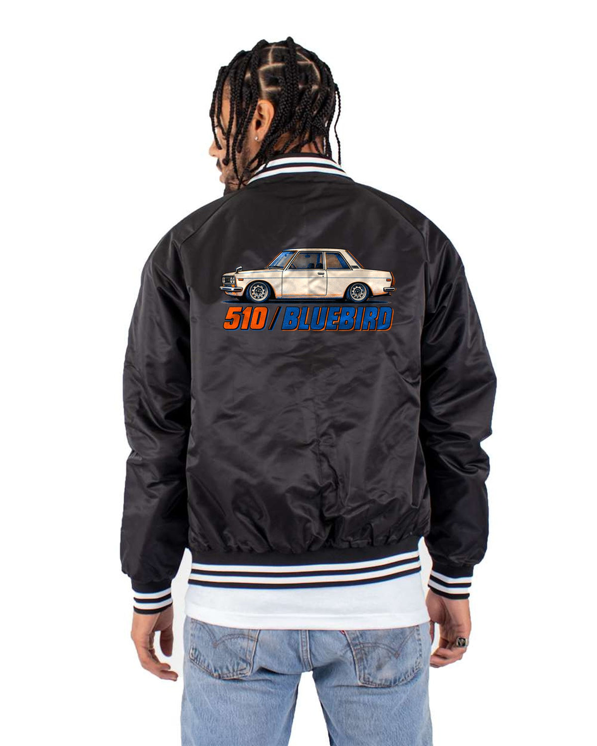 Datsun 510 Bluebird Riso Box Print Shirt, Car Guy Tee Bomber Jacket Black back