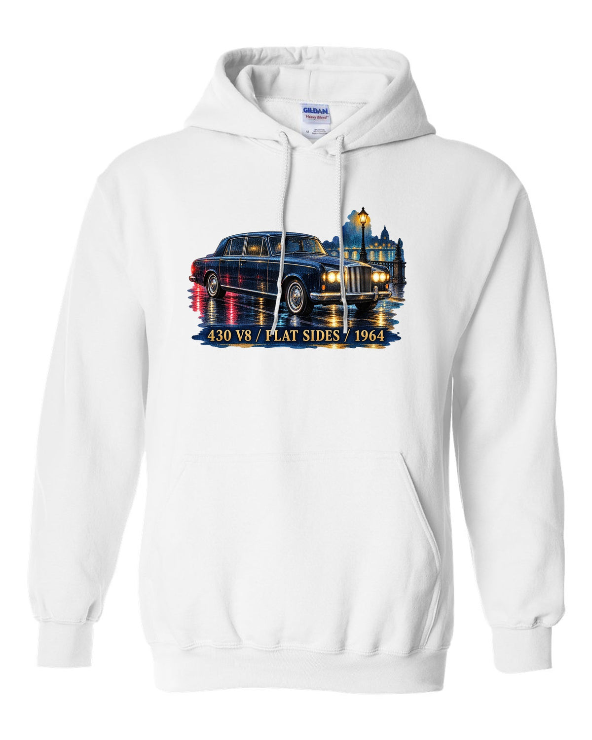 1964 Lincoln Continental on a wet night road in watercolour style white pull over hoodie front view with the design