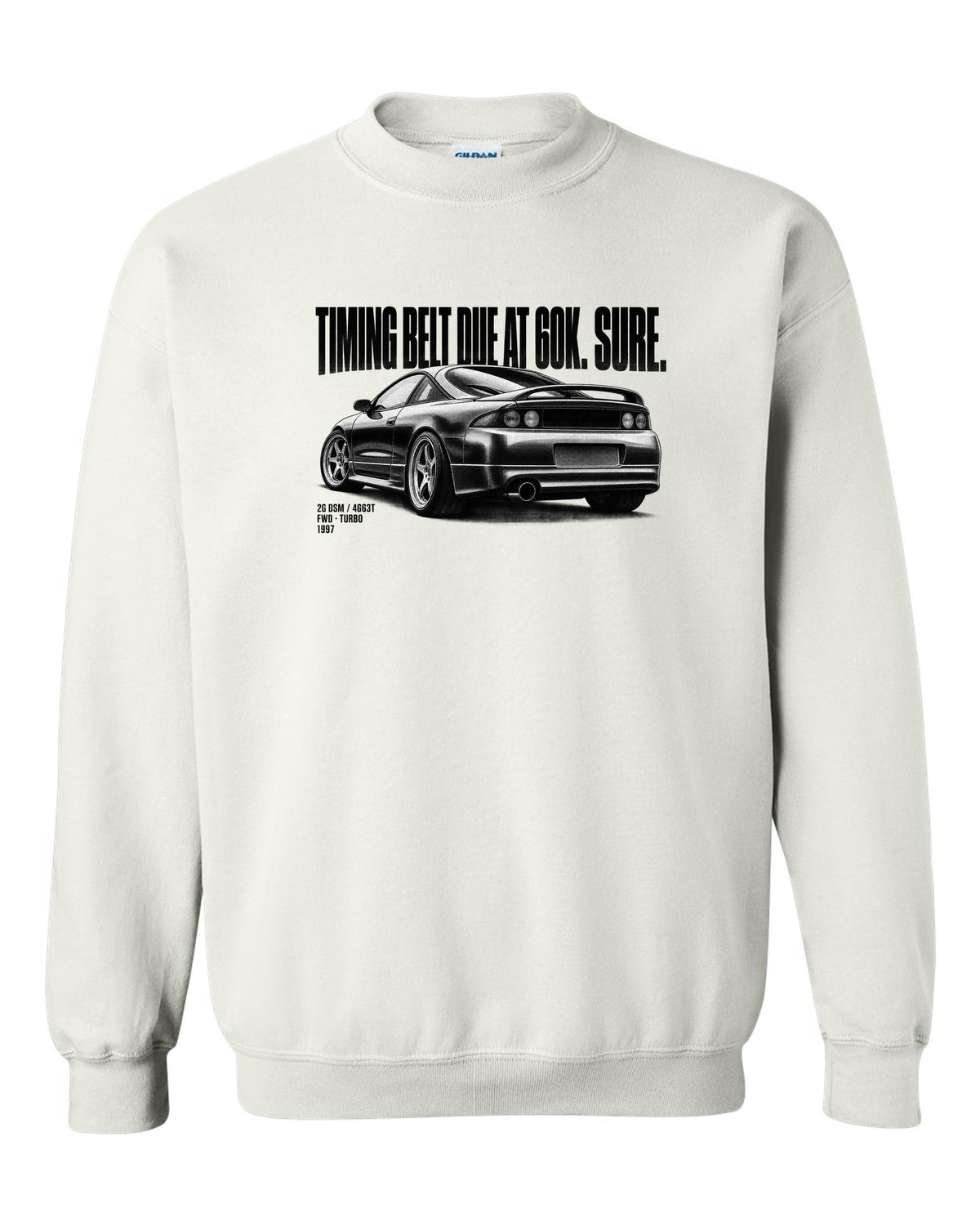Mitsubishi Eclipse GS-T 2G DSM halftone print with timing belt joke and 4G63T text white crewneck front view with the design
