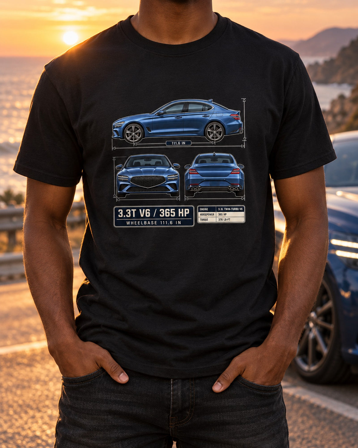 Genesis G70 3.3T Blueprint Shirt, V6 Sport Sedan Gift T-Shirt Black worn hero