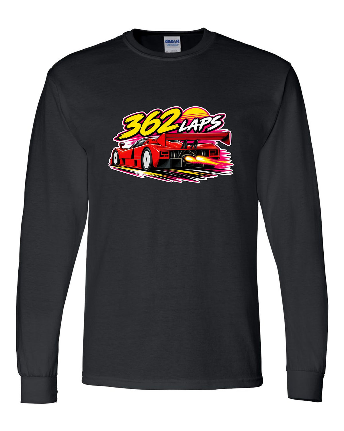 Retro 90s racing sticker-bomb collage for the Mazda 787B with 362 LAPS lettering black long sleeve front view with the design