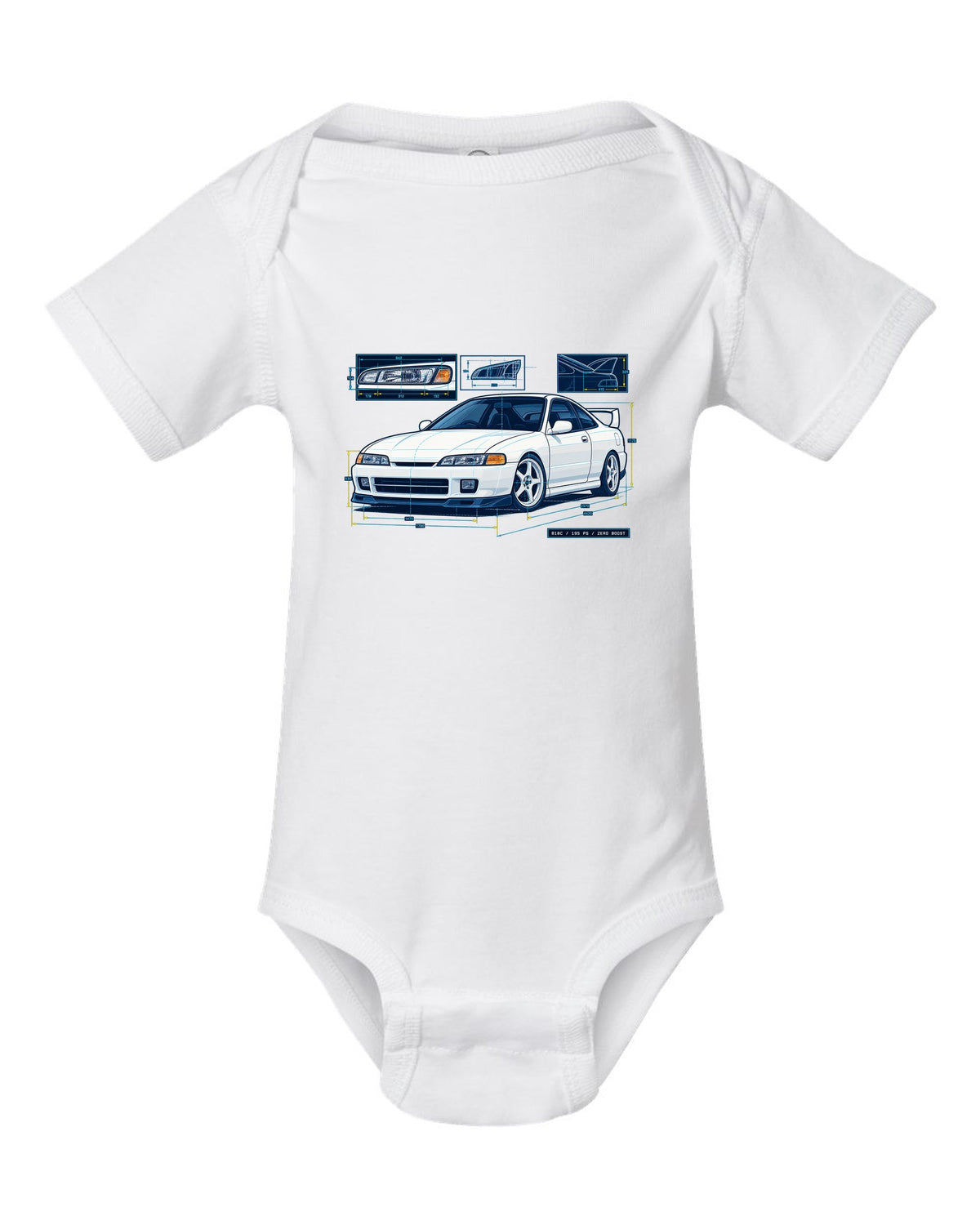 Blueprint line art of a 1995 Honda Integra DC2 headlight with B18C 195 PS Zero Boost lettering white baby onesie front view with the design