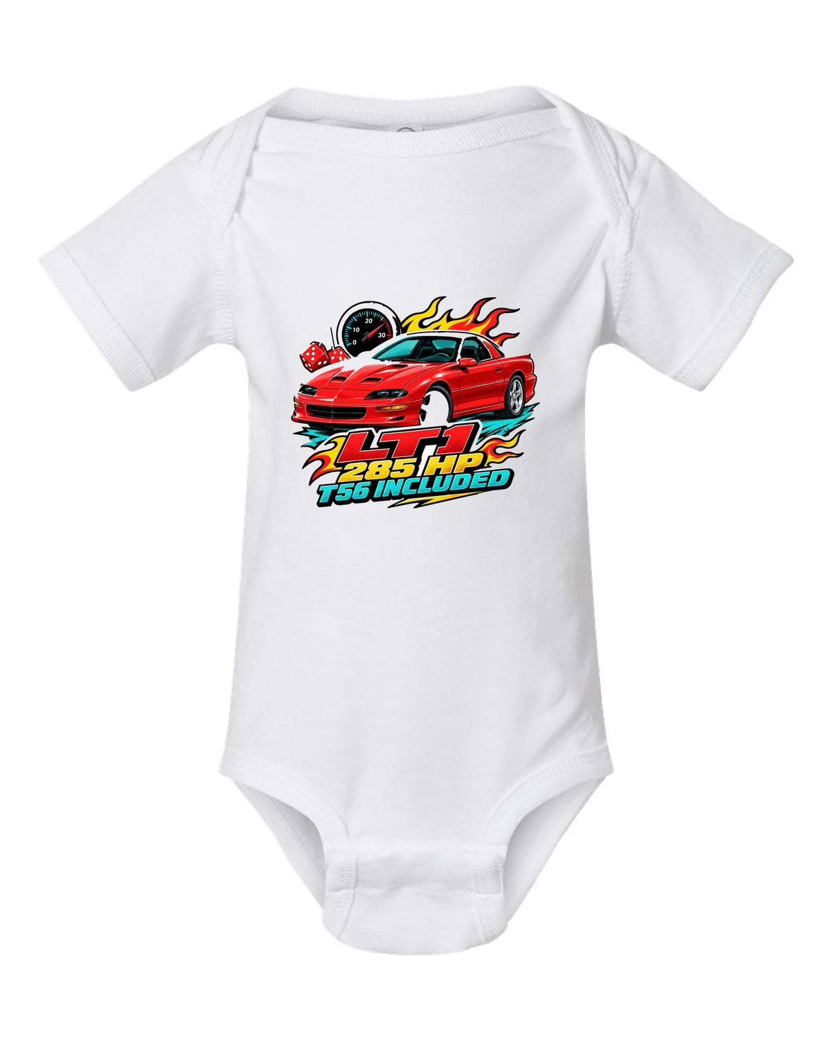 1996 Chevrolet Camaro Z28 LT1 sticker-bomb collage print with 285 HP T56 text white baby onesie front view with the design