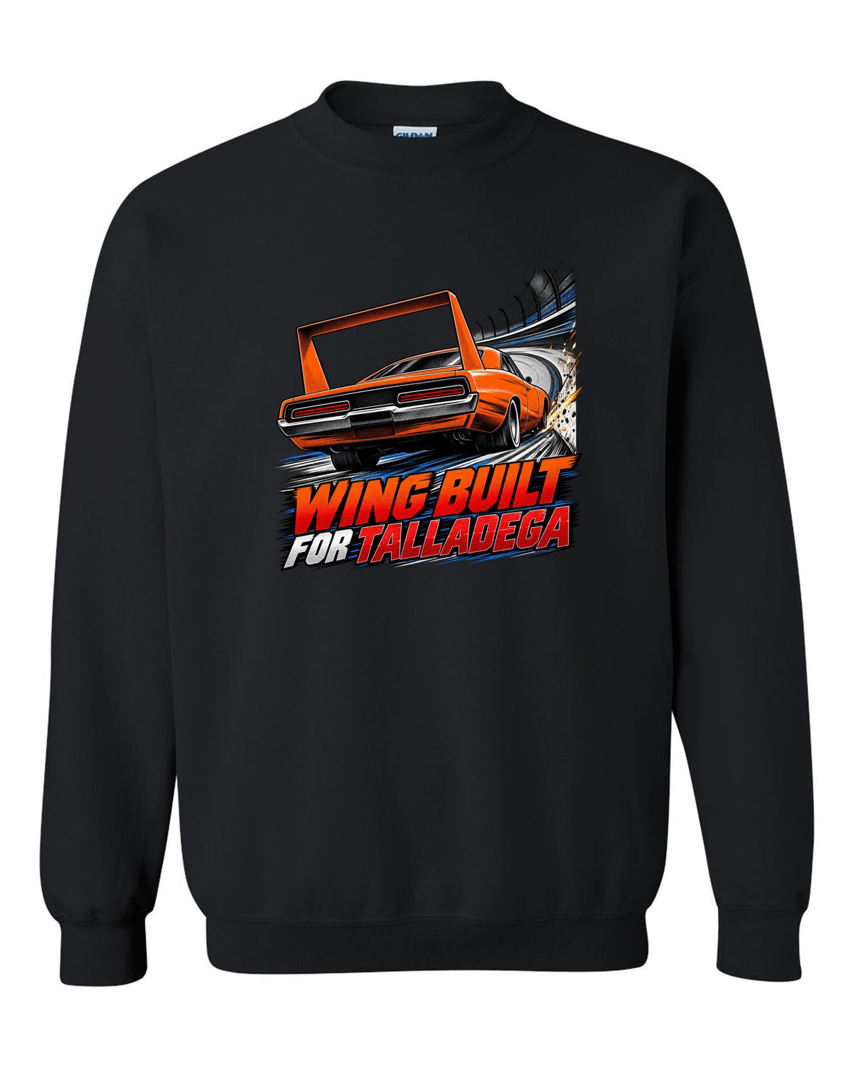 Retro manga halftone panel of a 1969 Dodge Charger Daytona with wing speed lines and Talladega text black crewneck front view with the design