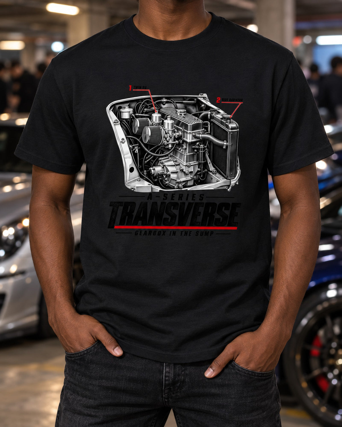 Mini Cooper S 1275 Transverse A-Series Engine Bay Tee T-Shirt Black worn hero