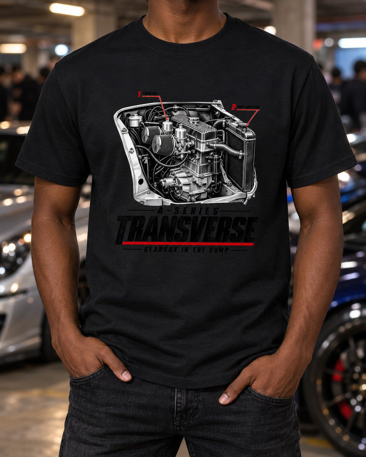 Mini Cooper S 1275 Transverse A-Series Engine Bay Tee T-Shirt Black worn hero