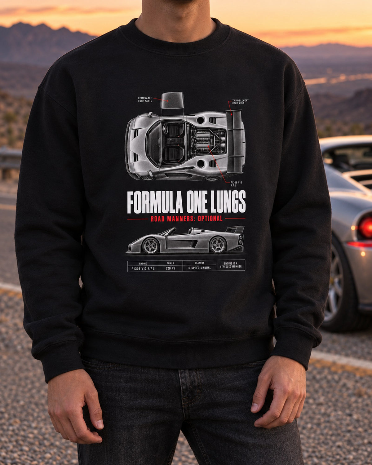 Ferrari F50 F130B V12 Spec Poster Shirt, Formula One Lungs Crewneck Black worn hero