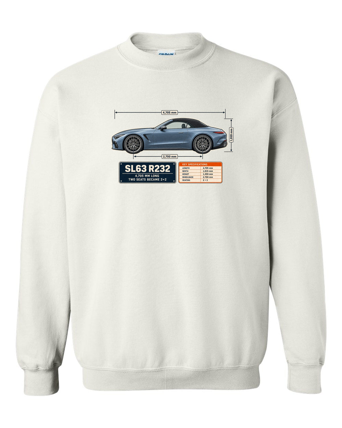 Mercedes-AMG SL63 R232 Dimension Blueprint white crewneck front view with the design
