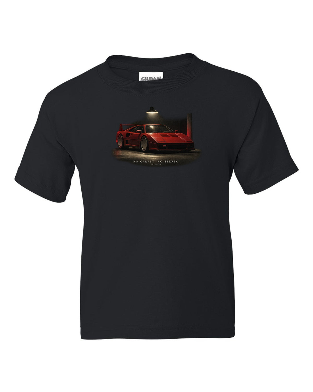 Ferrari F40 1987 front three-quarter at night, print: no carpet, no stereo, no notes black kids tee front view with the design