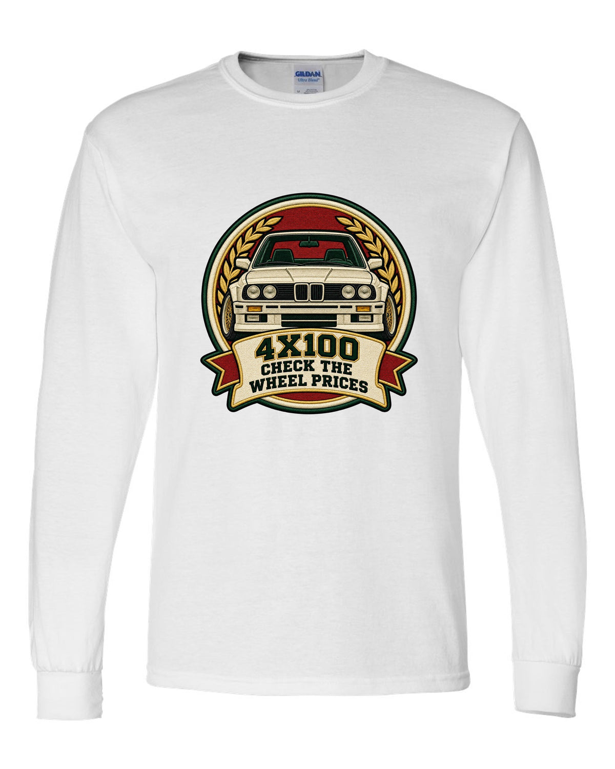 Varsity crest style print of a BMW E30 M3 with 4X100 wheel price joke text white long sleeve front view with the design