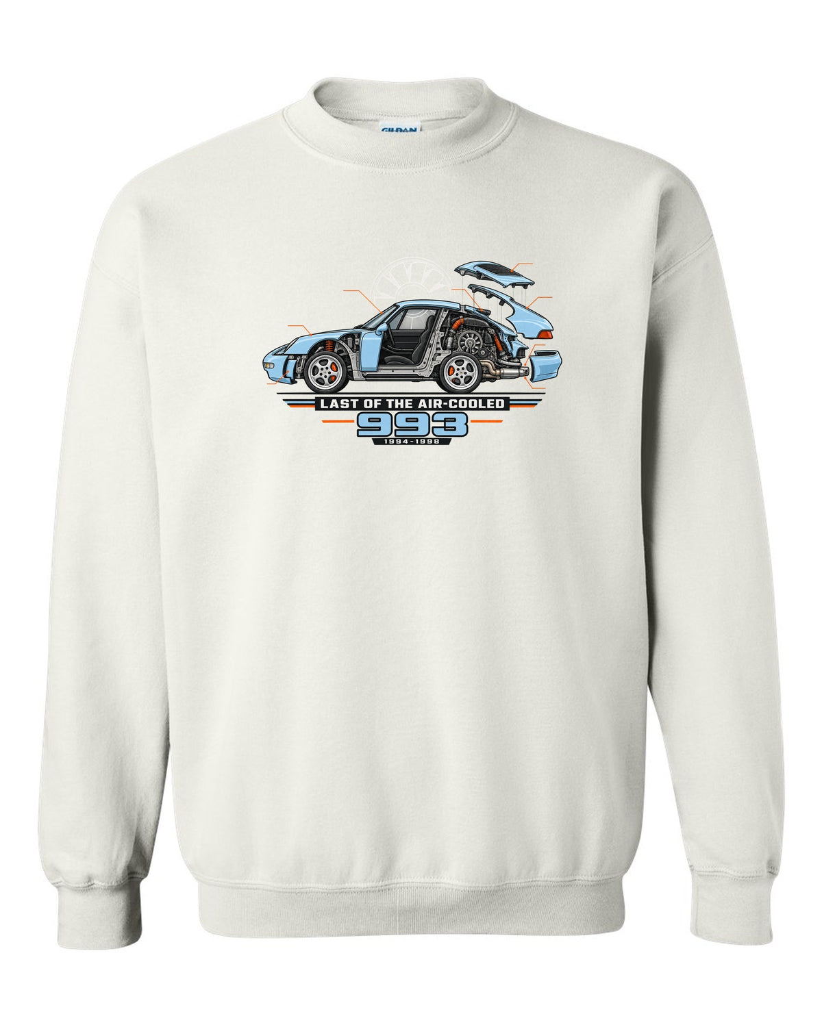 Architectural cutaway drawing of a Porsche 911 993 on a shirt back white crewneck front view with the design