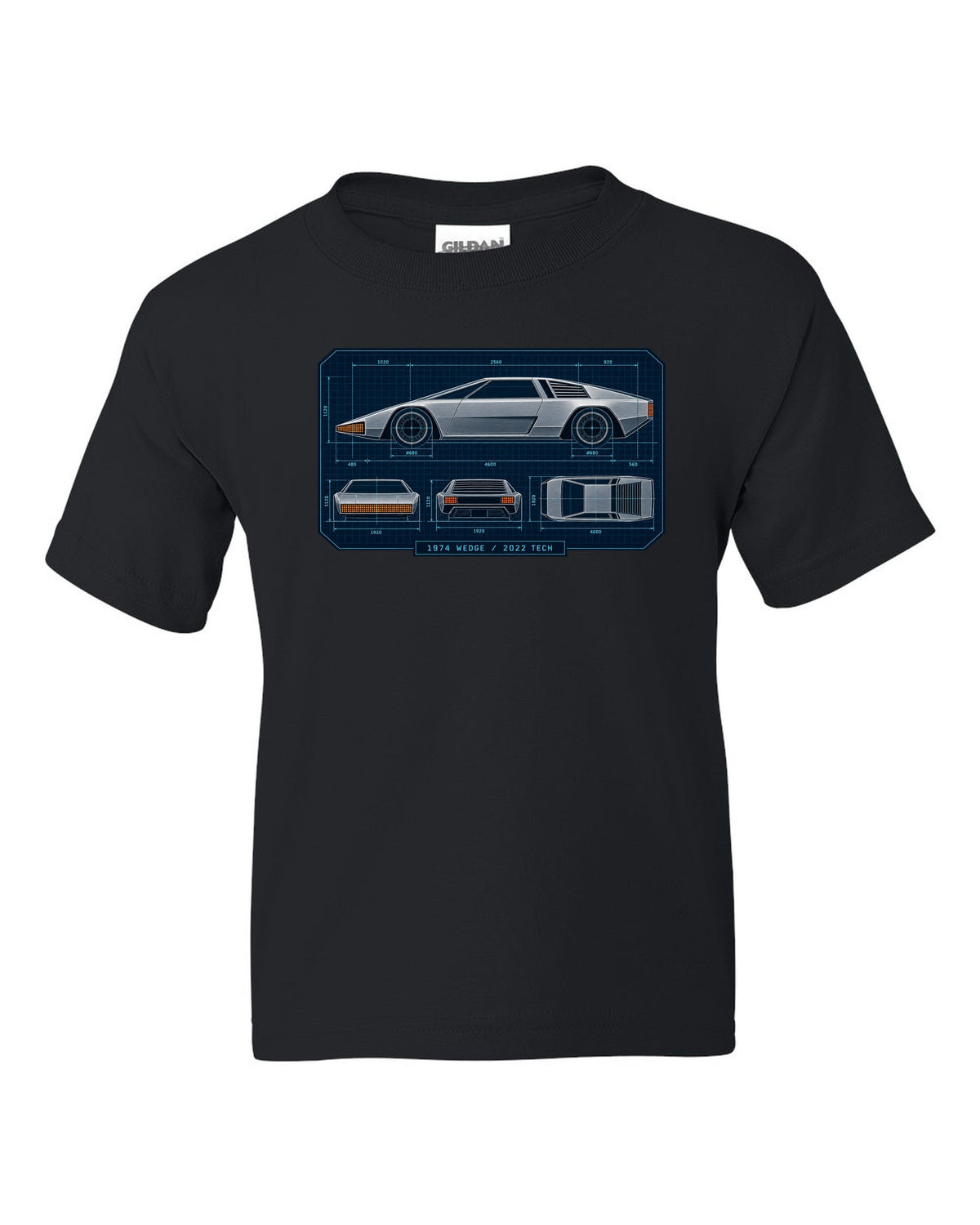 Technical orthographic blueprint print of the Hyundai N Vision 74 concept with 1974 wedge 2022 tech text black kids tee front view with the design