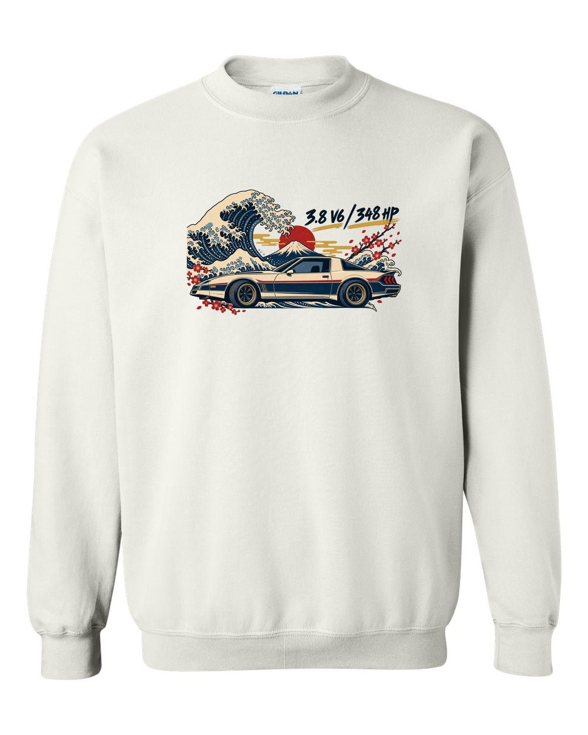 Ukiyo-e woodblock print of a Hyundai Genesis Coupe BK2 with 3.8 V6 348 HP text white crewneck front view with the design
