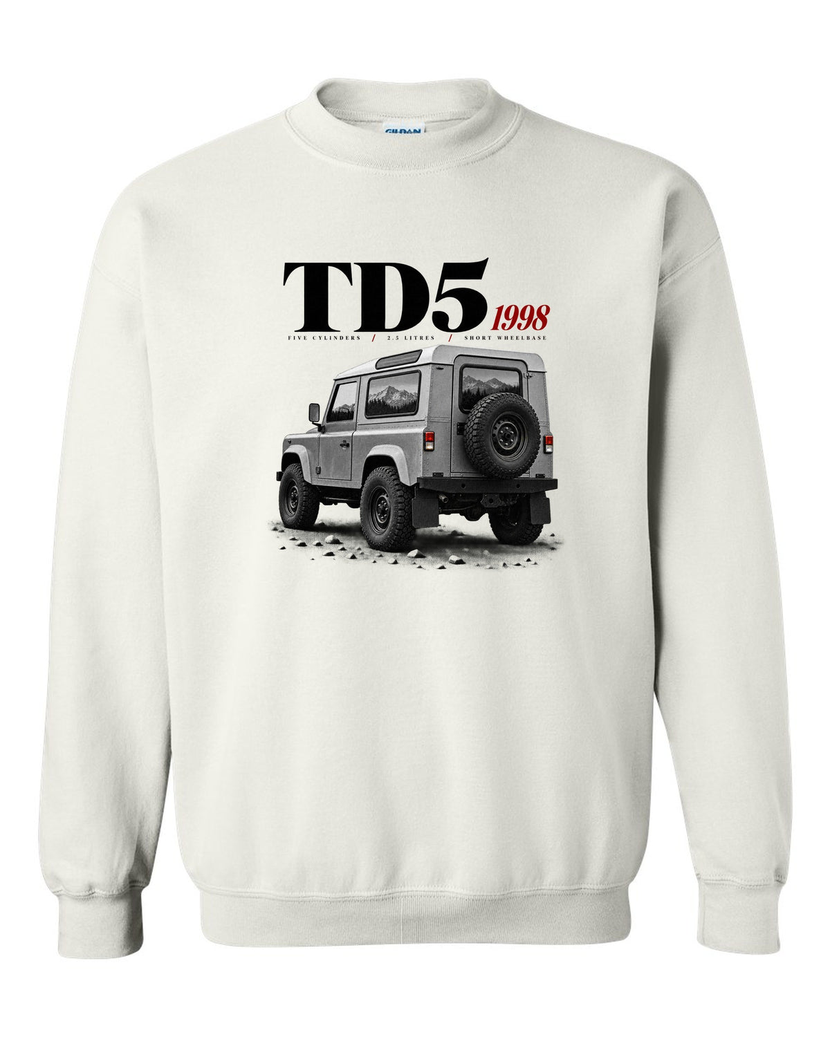 Land Rover Defender 90 editorial headline print about the 1998 Td5 engine white crewneck front view with the design