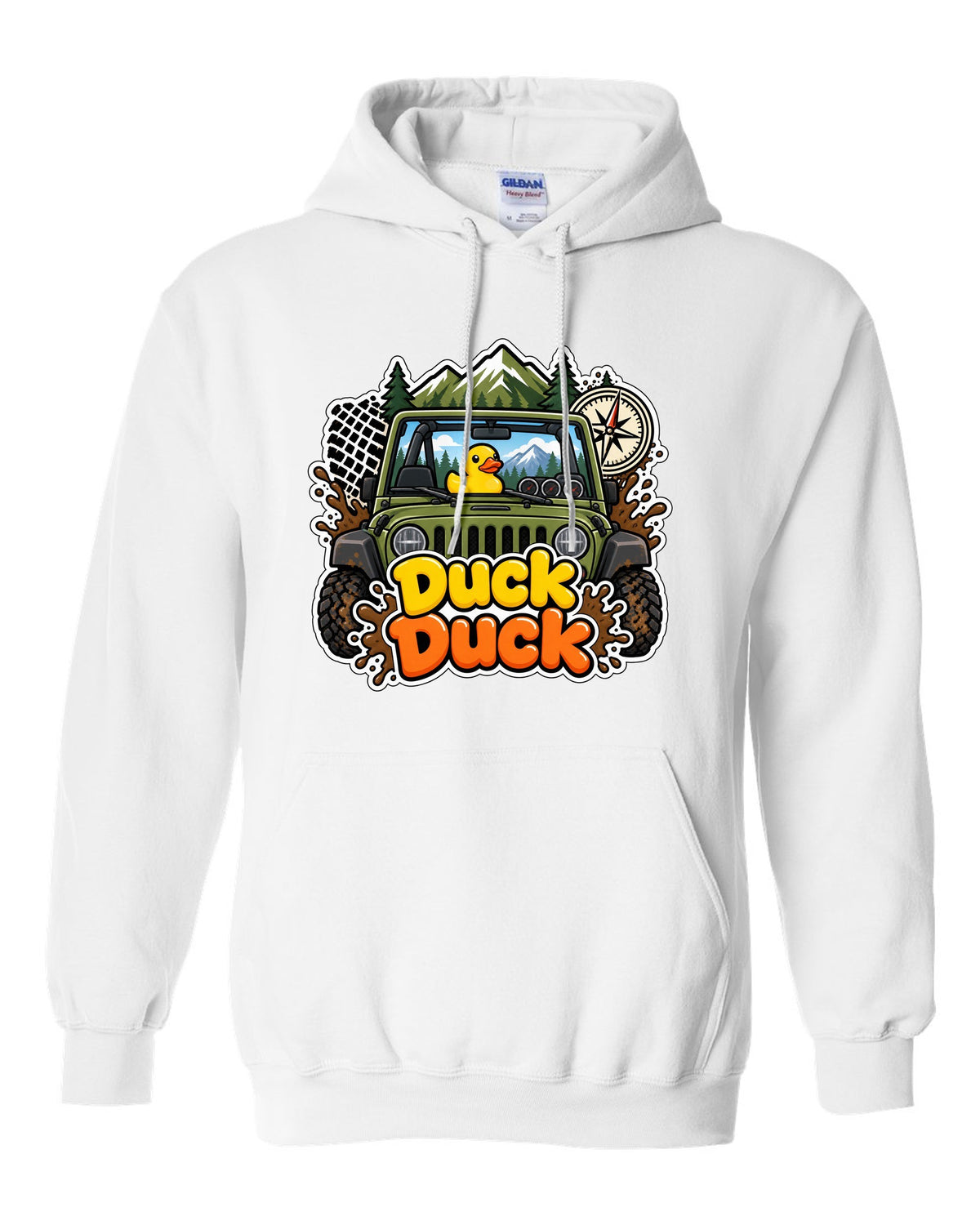 Sticker-bomb collage print of a Jeep Wrangler JK dashboard with ducks white pull over hoodie front view with the design