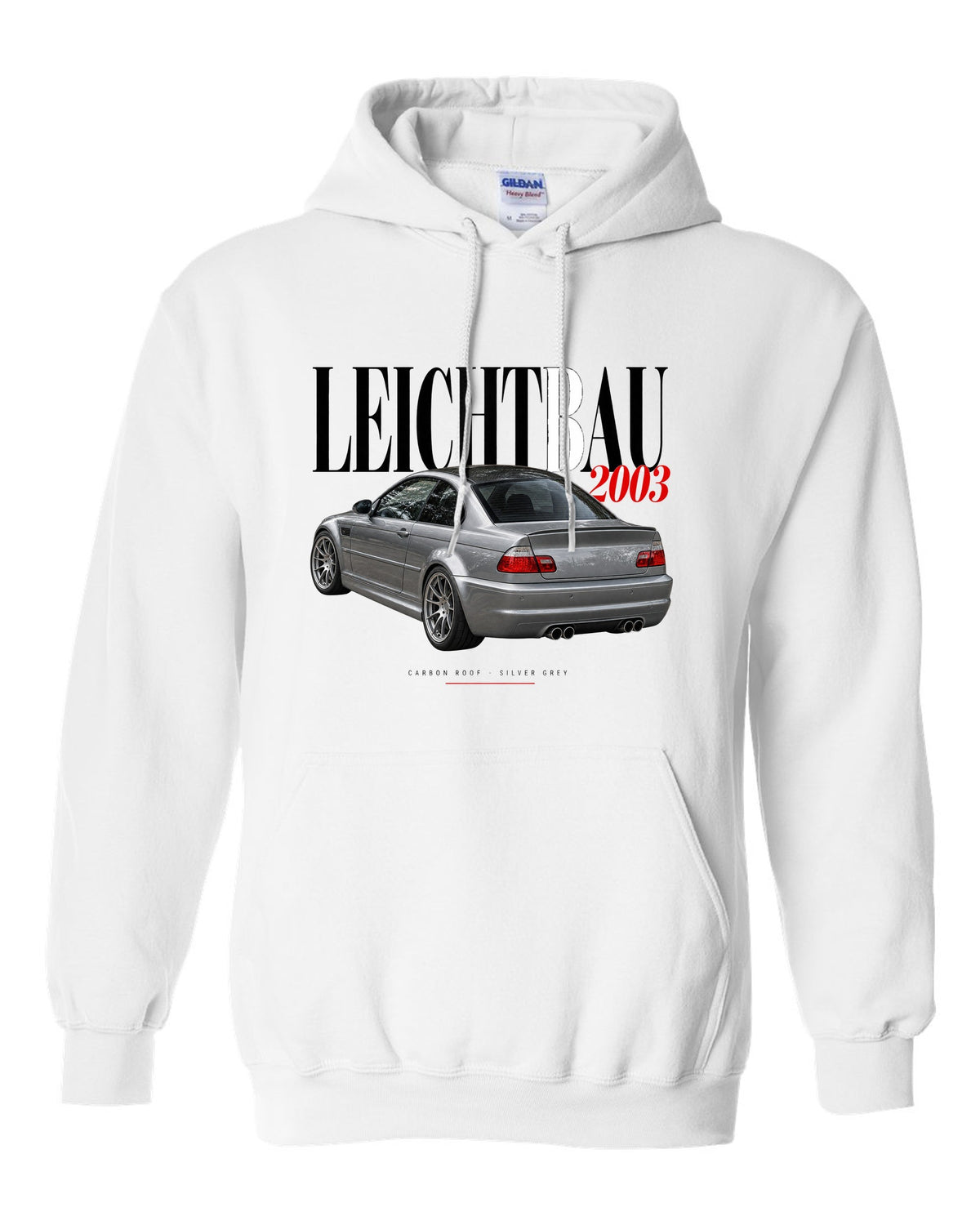 BMW E46 M3 CSL 2003 editorial headline print with Leichtbau carbon roof Silver Grey text white pull over hoodie front view with the design